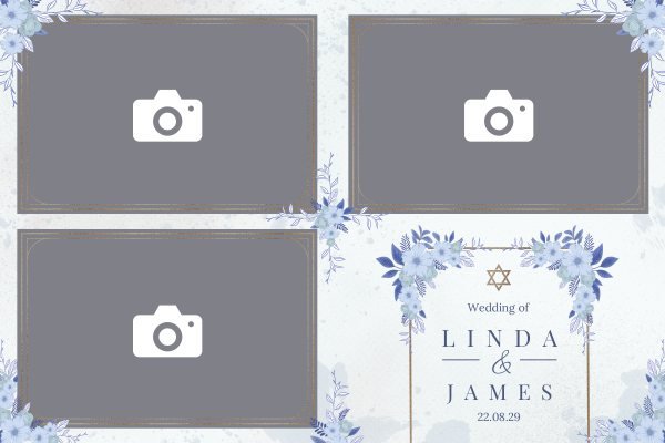 Cadre photobooth N° 183, thème Mariage, disposition 15×10 paysage · 3 photos, aperçu avec le texte par défaut