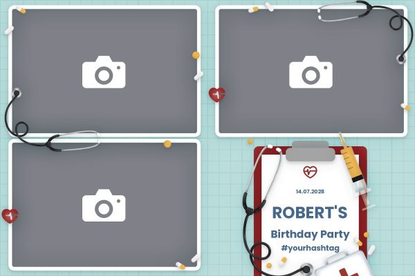 Cadre photobooth N° 200, thème Anniversaire, disposition 15×10 paysage · 3 photos, aperçu avec le texte par défaut