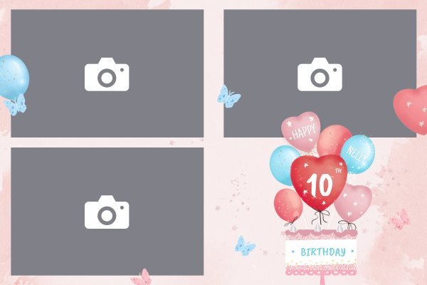 Cadre photobooth N° 202, thème Anniversaire, disposition 15×10 paysage · 3 photos, aperçu avec le texte par défaut