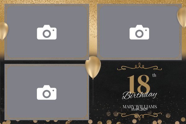 Cadre photobooth N° 211, thème Anniversaire, disposition 15×10 paysage · 3 photos, aperçu avec le texte par défaut