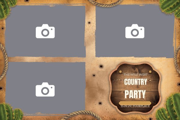 Cadre photobooth N° 212, thème Fête, disposition 15×10 paysage · 3 photos, aperçu avec le texte par défaut