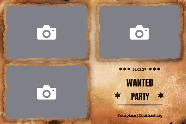 Cadre photobooth N° 219, thème Fête, disposition 15×10 paysage · 3 photos, aperçu avec le texte par défaut