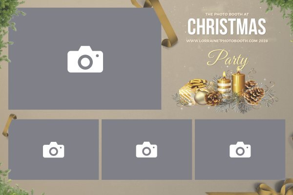 Cadre photobooth N° 23, thème Fin d'année, disposition 15×10 paysage · 4 photos, aperçu avec le texte par défaut