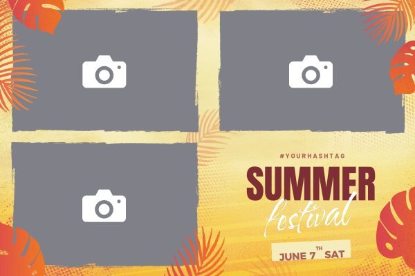 Cadre photobooth N° 231, thème Fête, disposition 15×10 paysage · 3 photos, aperçu avec le texte par défaut