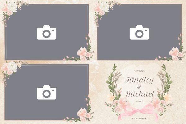 Cadre photobooth N° 250, thème Mariage, disposition 15×10 paysage · 3 photos, aperçu avec le texte par défaut