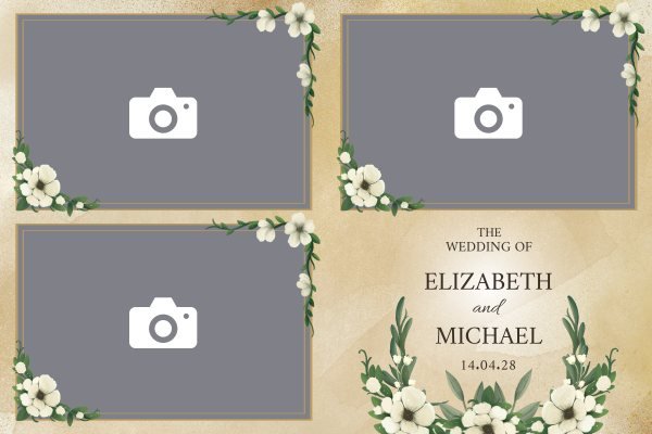 Cadre photobooth N° 252, thème Mariage, disposition 15×10 paysage · 3 photos, aperçu avec le texte par défaut