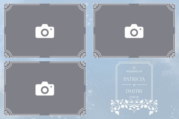Cadre photobooth N° 253, thème Mariage, disposition 15×10 paysage · 3 photos, aperçu avec le texte par défaut