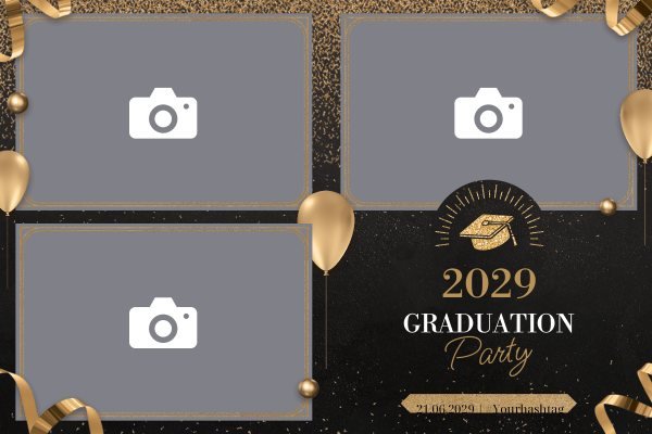 Cadre photobooth N° 256, thème Anniversaire, disposition 15×10 paysage · 3 photos, aperçu avec le texte par défaut