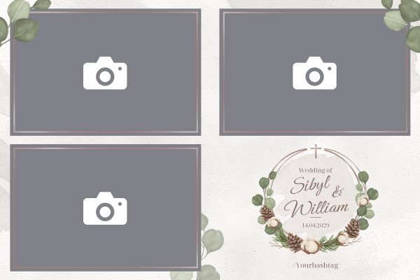 Cadre photobooth N° 259, thème Mariage, disposition 15×10 paysage · 3 photos, aperçu avec le texte par défaut