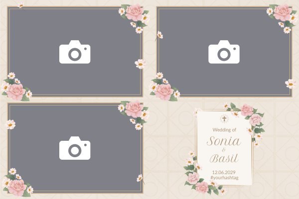 Cadre photobooth N° 260, thème Mariage, disposition 15×10 paysage · 3 photos, aperçu avec le texte par défaut