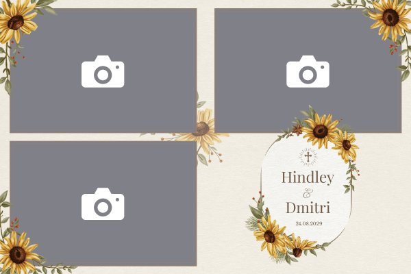 Cadre photobooth N° 264, thème Mariage, disposition 15×10 paysage · 3 photos, aperçu avec le texte par défaut