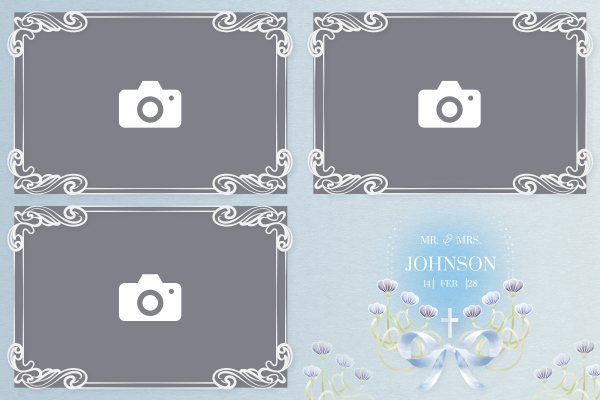 Cadre photobooth N° 269, thème Mariage, disposition 15×10 paysage · 3 photos, aperçu avec le texte par défaut