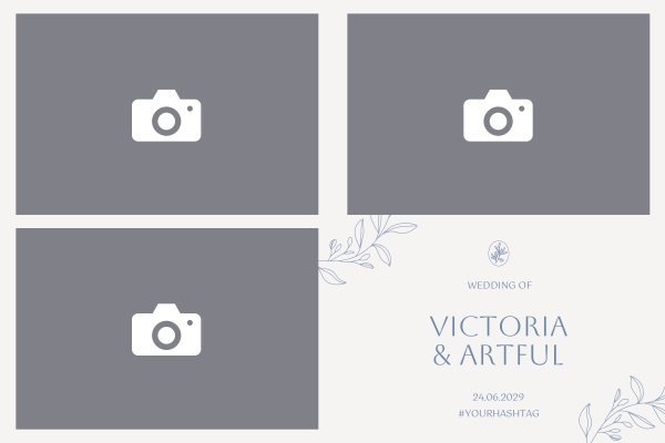 Cadre photobooth N° 275, thème Mariage, disposition 15×10 paysage · 3 photos, aperçu avec le texte par défaut