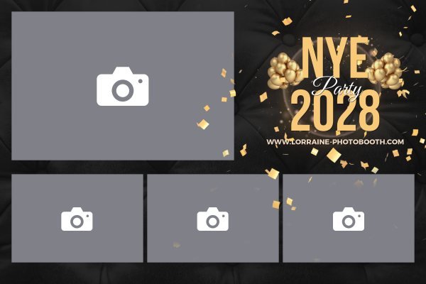 Cadre photobooth N° 27b, thème Fin d'année, disposition 15×10 paysage · 4 photos, aperçu avec le texte par défaut