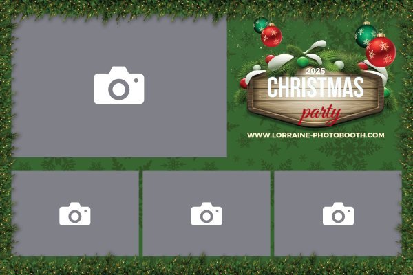 Cadre photobooth N° 28b, thème Fin d'année, disposition 15×10 paysage · 4 photos, aperçu avec le texte par défaut