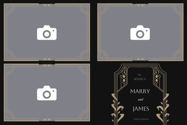 Cadre photobooth N° 314, thème Tous thèmes, disposition 15×10 paysage · 3 photos, aperçu avec le texte par défaut