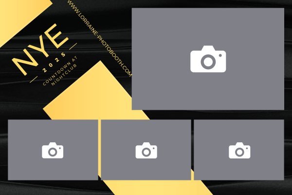 Cadre photobooth N° 33, thème Fin d'année, disposition 15×10 paysage · 4 photos, aperçu avec le texte par défaut