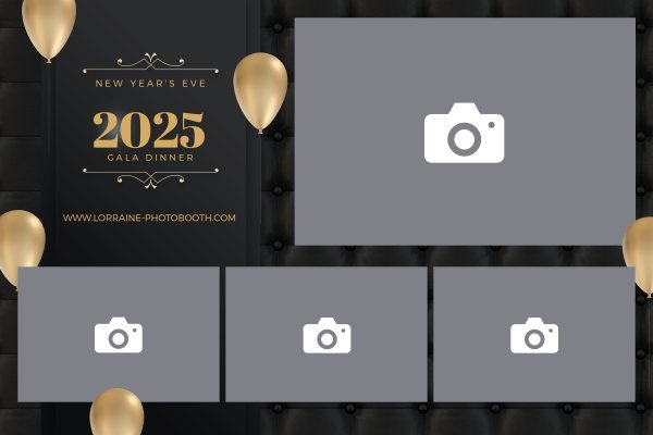 Cadre photobooth N° 34, thème Anniversaire · Fin d'année, disposition 15×10 paysage · 4 photos, aperçu avec le texte par défaut