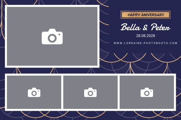 Cadre photobooth N° 4, thème Mariage, disposition 15×10 paysage · 4 photos, aperçu avec le texte par défaut