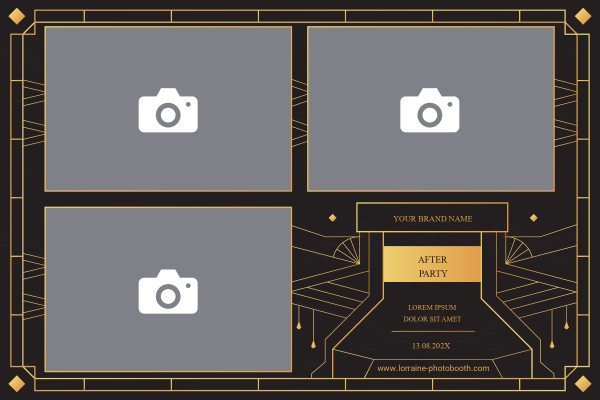 Cadre photobooth N° 48, thème Mariage, disposition 15×10 paysage · 3 photos, aperçu avec le texte par défaut