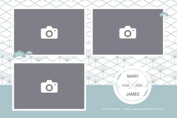 Cadre photobooth N° 56, thème Mariage, disposition 15×10 paysage · 3 photos, aperçu avec le texte par défaut