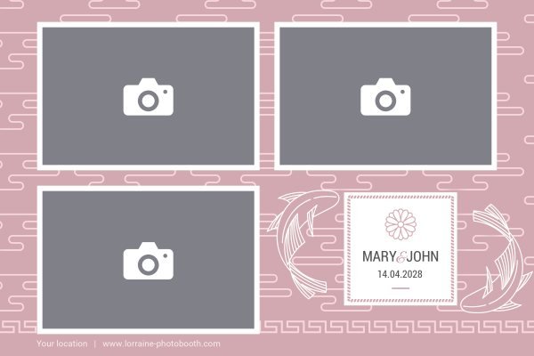 Cadre photobooth N° 58, thème Mariage, disposition 15×10 paysage · 3 photos, aperçu avec le texte par défaut