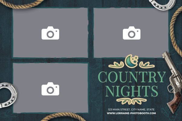 Cadre photobooth N° 60, thème Fête, disposition 15×10 paysage · 3 photos, aperçu avec le texte par défaut