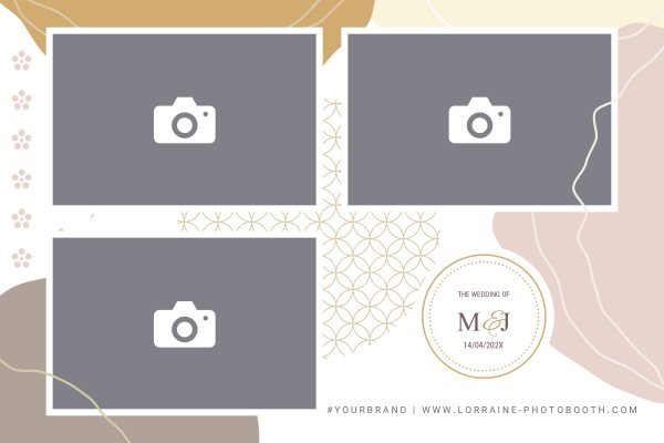 Cadre photobooth N° 62, thème Mariage, disposition 15×10 paysage · 3 photos, aperçu avec le texte par défaut