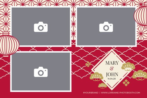 Cadre photobooth N° 64, thème Mariage, disposition 15×10 paysage · 3 photos, aperçu avec le texte par défaut