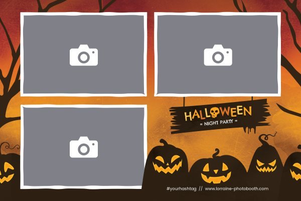 Cadre photobooth N° 70, thème Fête, disposition 15×10 paysage · 3 photos, aperçu avec le texte par défaut