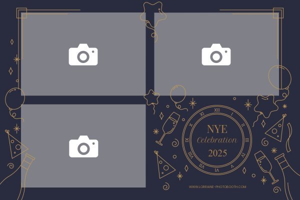 Cadre photobooth N° 81, thème Fin d'année, disposition 15×10 paysage · 3 photos, aperçu avec le texte par défaut