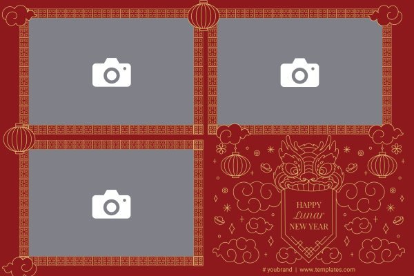 Cadre photobooth N° 82, thème Fête, disposition 15×10 paysage · 3 photos, aperçu avec le texte par défaut