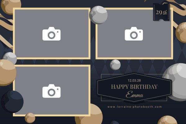 Cadre photobooth N° 83, thème Anniversaire, disposition 15×10 paysage · 3 photos, aperçu avec le texte par défaut
