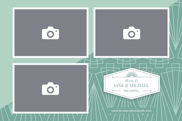 Cadre photobooth N° 88, thème Mariage, disposition 15×10 paysage · 3 photos, aperçu avec le texte par défaut