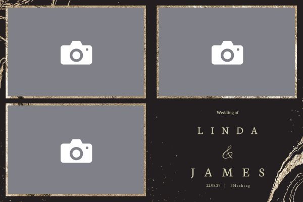 Cadre photobooth N° 900, thème Mariage · Entreprise, disposition 15×10 paysage · 3 photos, aperçu avec le texte par défaut