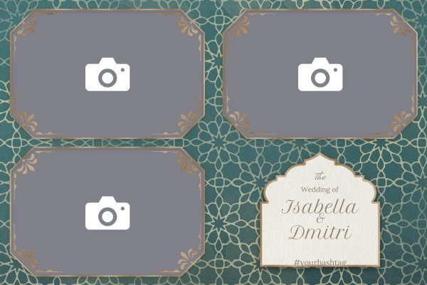 Cadre photobooth N° 909, thème Mariage, disposition 15×10 paysage · 3 photos, aperçu avec le texte par défaut