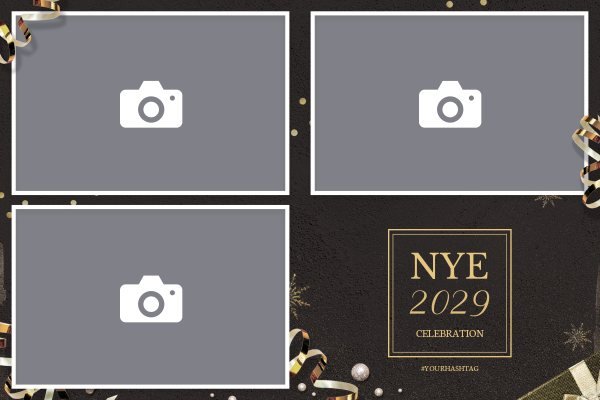 Cadre photobooth N° 911, thème Fin d'année, disposition 15×10 paysage · 3 photos, aperçu avec le texte par défaut