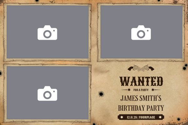 Cadre photobooth N° 915, thème Fête, disposition 15×10 paysage · 3 photos, aperçu avec le texte par défaut