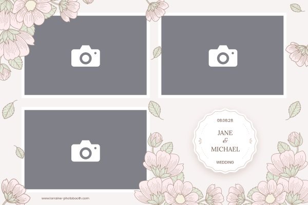 Cadre photobooth N° 93, thème Mariage, disposition 15×10 paysage · 3 photos, aperçu avec le texte par défaut