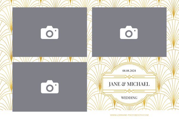 Cadre photobooth N° 97, thème Mariage, disposition 15×10 paysage · 3 photos, aperçu avec le texte par défaut
