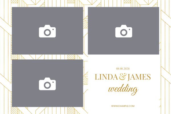 Cadre photobooth N° 98, thème Mariage, disposition 15×10 paysage · 3 photos, aperçu avec le texte par défaut